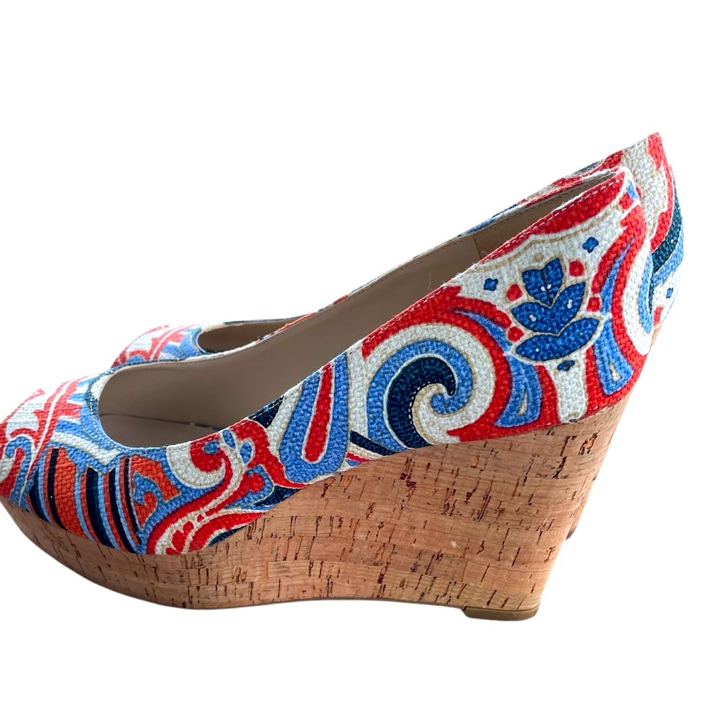 Nine West Aztec Paisley Blue/Orange/Cream Wedge Shoes Sz 8.5 - Picture 7 of 7